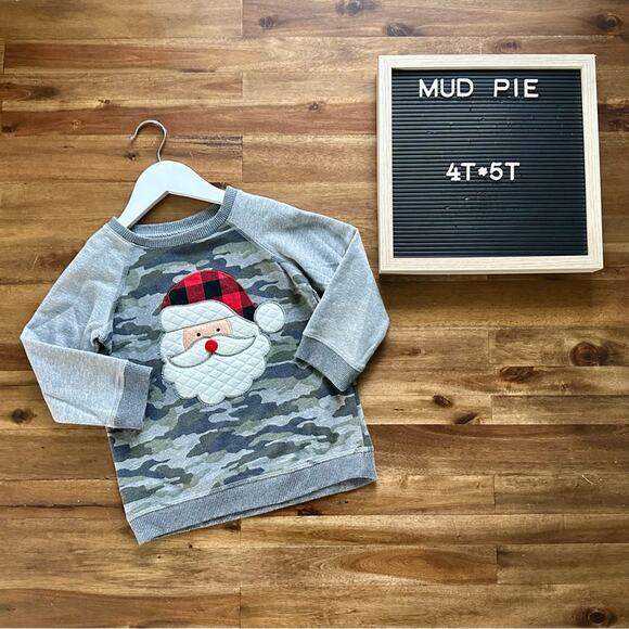 Mud Pie Gray Green Camo Christmas Santa Waffle Knit Long Sleeve Raglan Tee 4/5T - Picture 1 of 7